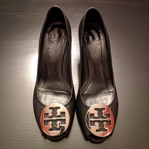 Tory Burch | Black Sally Peep Toe Wedge Heel Pumps